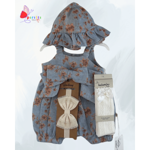 Şapkalı Bebek Kız Tulum | Çiçek Baskılı ve Fiyonklu Yazlık Takım