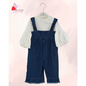 Fırfır Detaylı Kot Tulum ve Beyaz Bluz 3’lü Kız Bebek Takımı