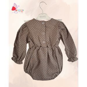 KAHVERENGİ PUANTİYELİ DANTELLİ FIRFIR DETAYLI UZUN KOLLU KIZ BEBEK TULUM 